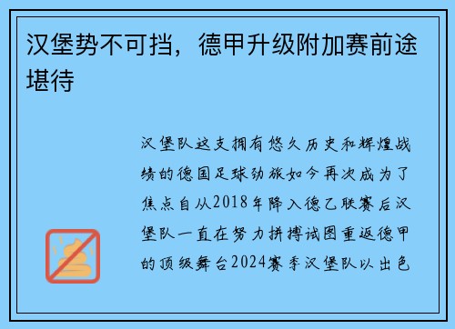 汉堡势不可挡，德甲升级附加赛前途堪待