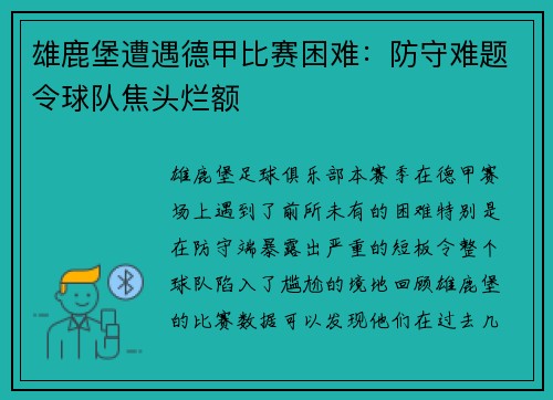 雄鹿堡遭遇德甲比赛困难：防守难题令球队焦头烂额