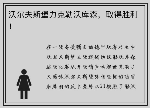 沃尔夫斯堡力克勒沃库森，取得胜利！